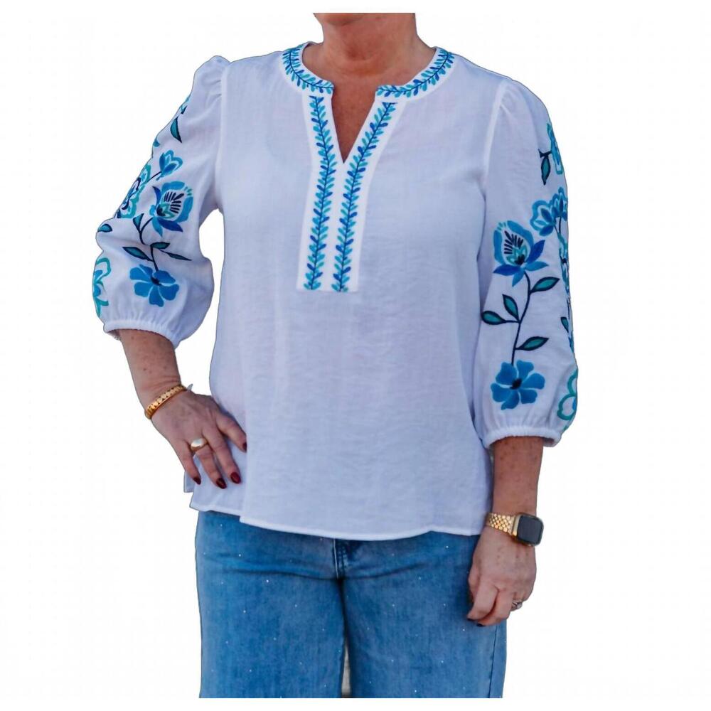 NEW MULTIPLES 3/4 puff sleeve embroidered top in white